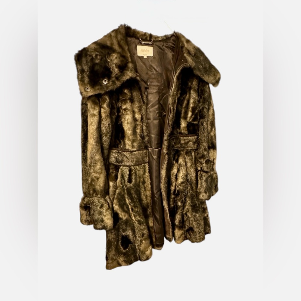 🆕 Laundry By Shelli Segal Brown & Beige long stylish fur jacket size M - Picture 4 of 13
